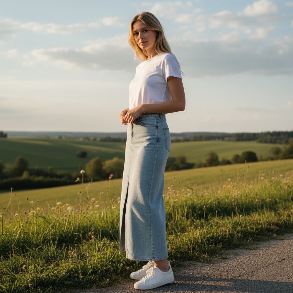 Old Navy Light Wash Denim Maxi Skirt Womens 6 Mid Rise Front Slit Y2K